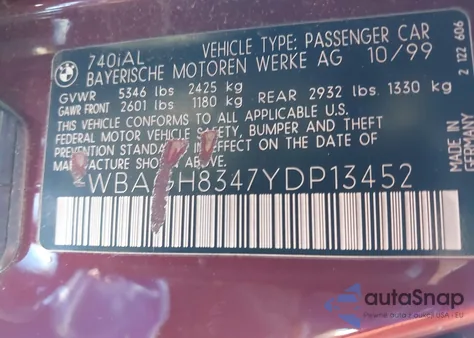 2000 BMW 740Il from USA, damaged, VIN WBAGH8347YDP13452